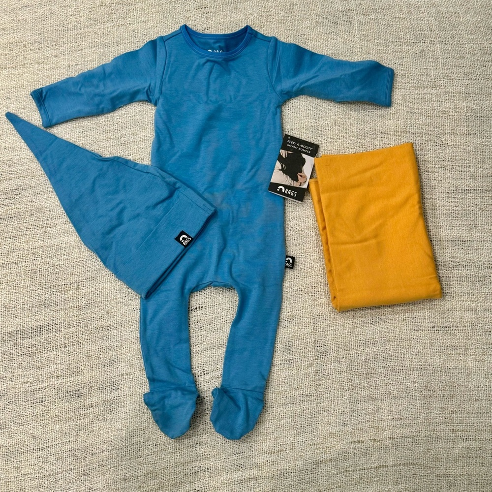 New Rags 0-3 Blue Footie, Hat, and Blanket Bundle